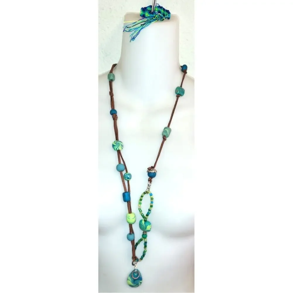 Boho Polymer Clay Green Blue Statement Necklace Earrings Bracelet Set Lot